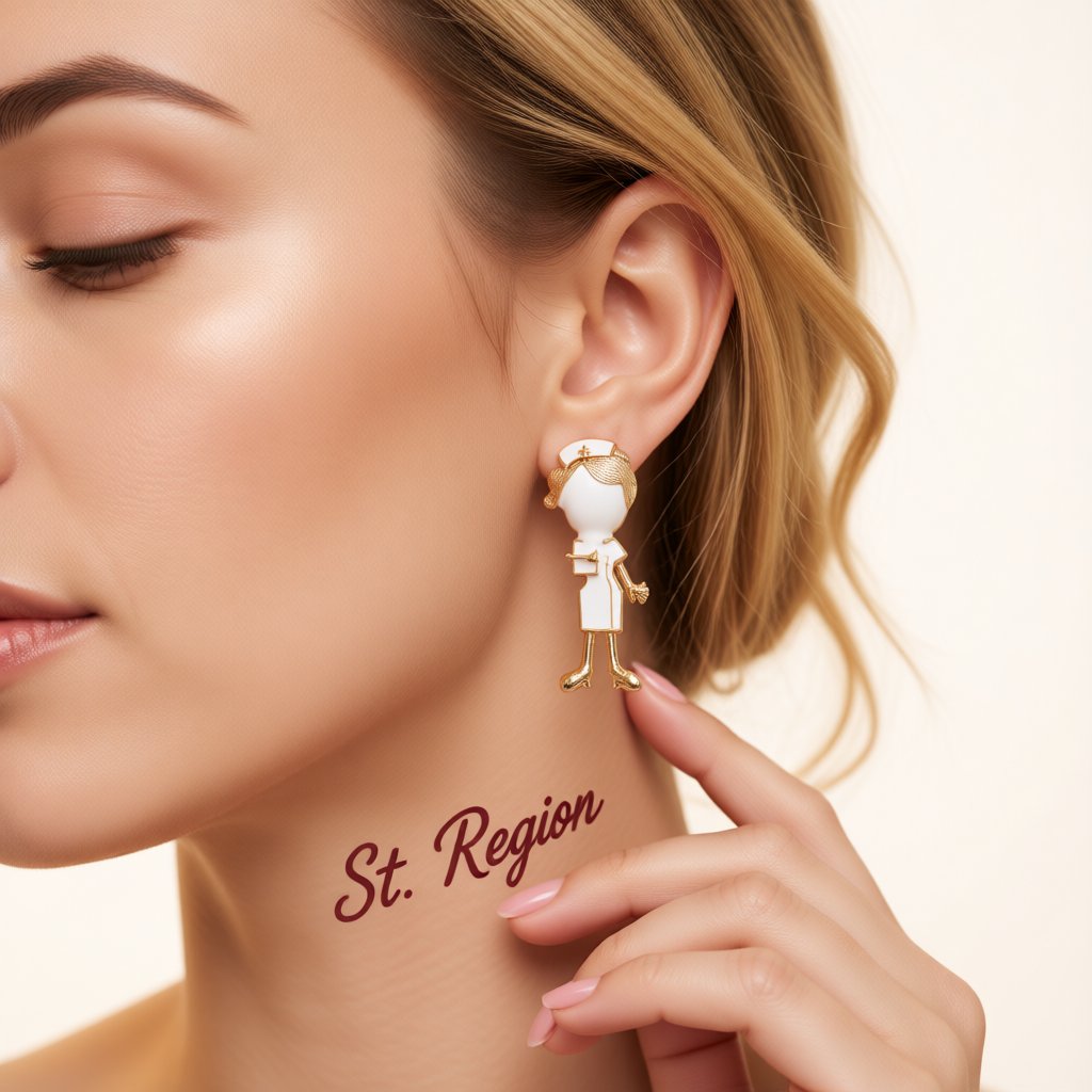 Enamel and 18K Gold-Plated Nurse Stud Earrings, gold stud earrings for women, elegant gift for her, styled look