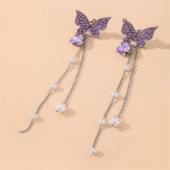 Purple Cubic Zirconia & Pearl Butterfly Tassel Ear Jackets