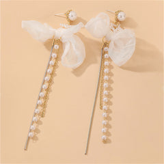 Pearl & Mesh Two-Tone Star Bow Tassel Dangle Earring