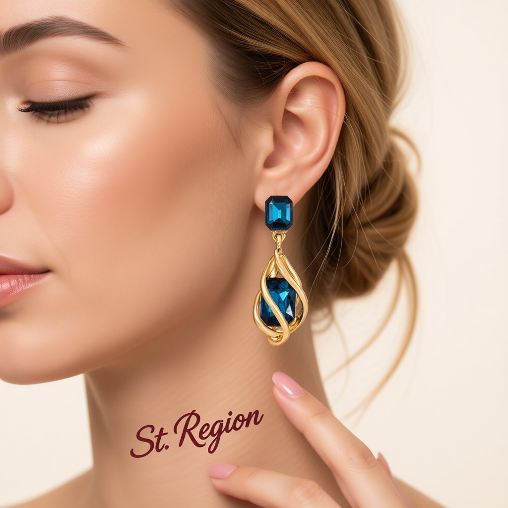 Blue Crystal and 18K Gold-Plated Twisted Drop Earrings, gold drop earrings for women, botanical inspired, styled look