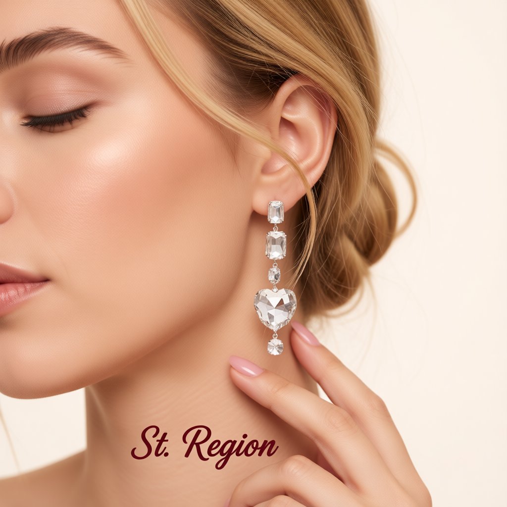 Crystal and Silver-Plated Heart Dangle Earring, silver drop earrings for women, elegant gift for her, styled look