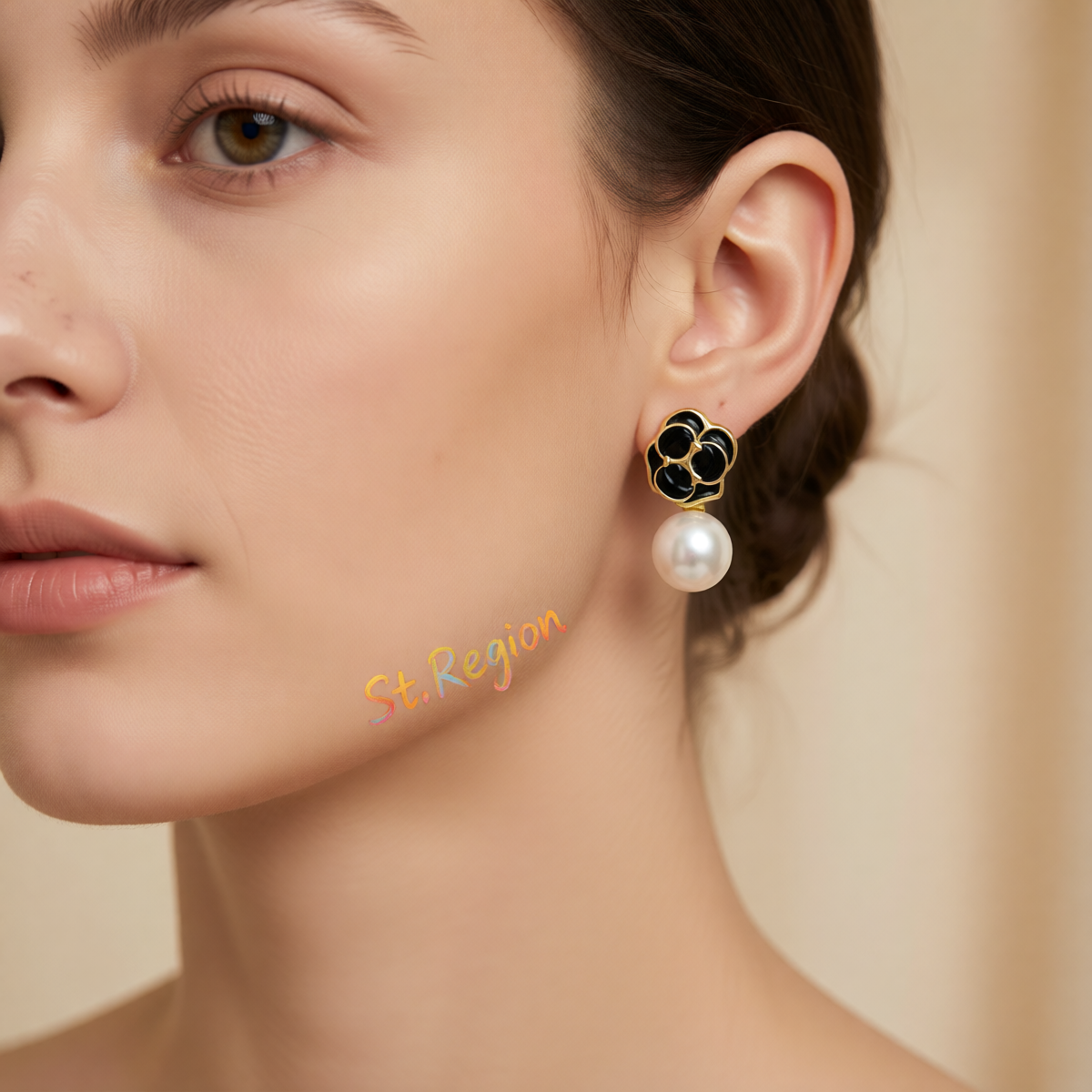 White Pearl & Black Enamel 18K Gold-Plated Flower Drop Earrings