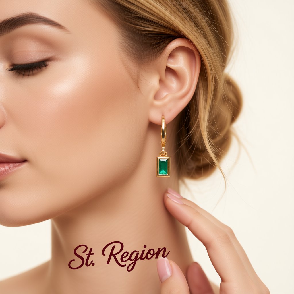 Green Crystal and 18K Gold-Plated Rectangle Huggie Earring, gold huggie earrings, botanical inspired, styled look