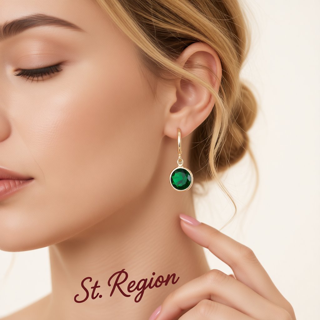 Green Crystal and 18K Gold-Plated Round Drop Earrings, gold huggie earrings, botanical inspired, styled look