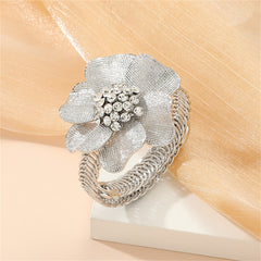 Cubic Zirconia & Silver-Plated Flower Adjustable Bangle