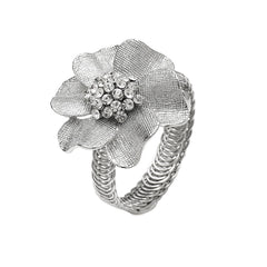 Cubic Zirconia & Silver-Plated Flower Adjustable Bangle