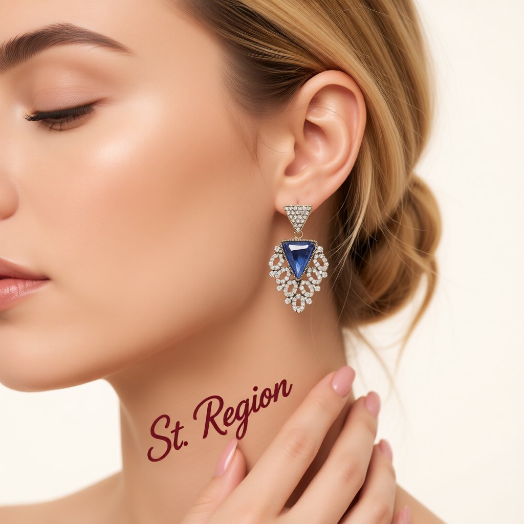 Blue Crystal and Cubic Zirconia Triangle Drop Earrings, drop earrings for women, everyday style, styled look