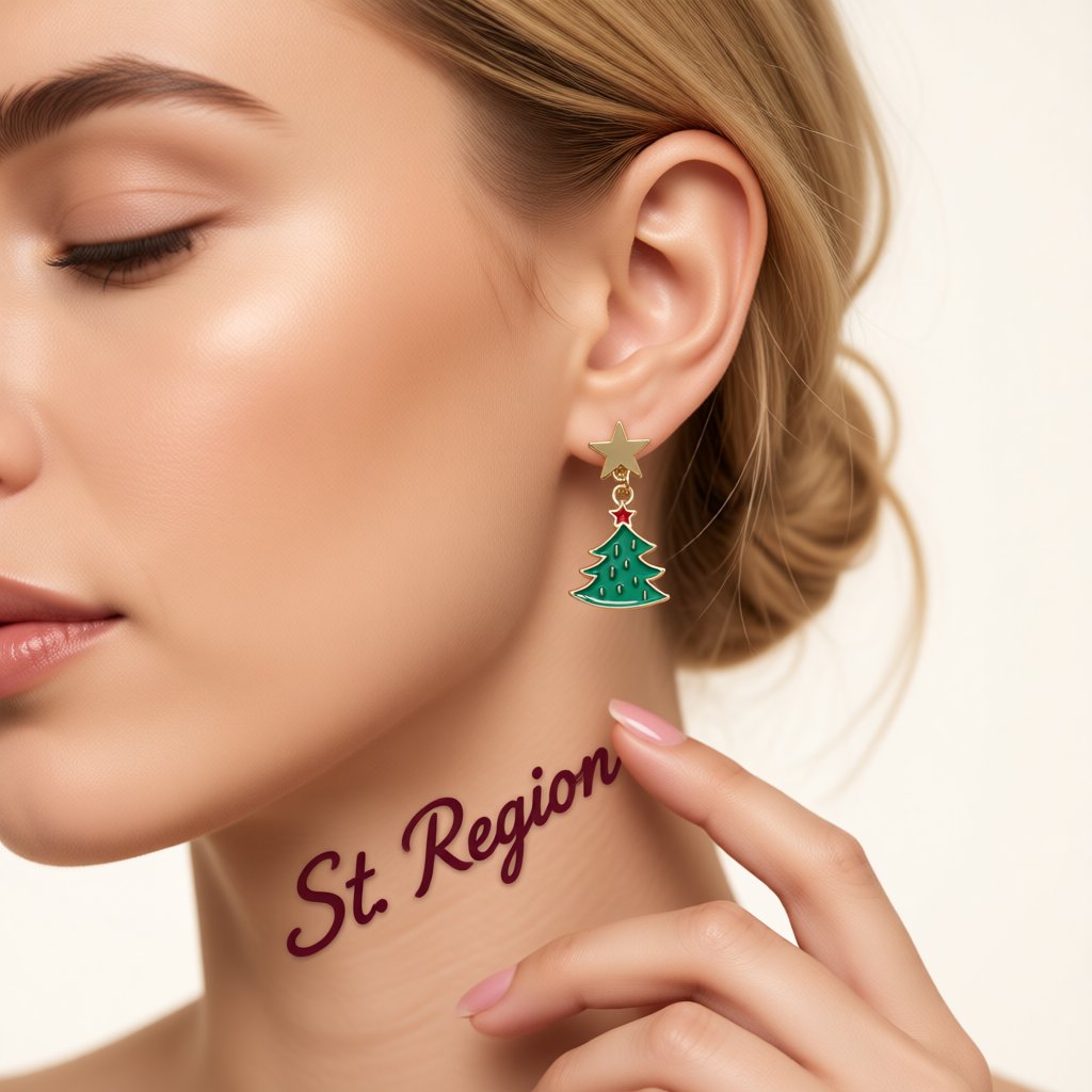 Green Enamel and 18K Gold-Plated Star Santa Christmas Tree Mismatch Drop Earrings, gold drop earrings for women, styled look