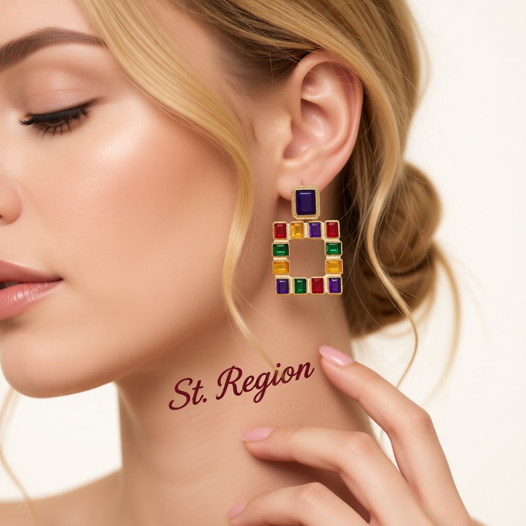 Green Multicolor Crystal and 18K Gold-Plated Square Drop Earrings, gold drop earrings for women, everyday style, styled look