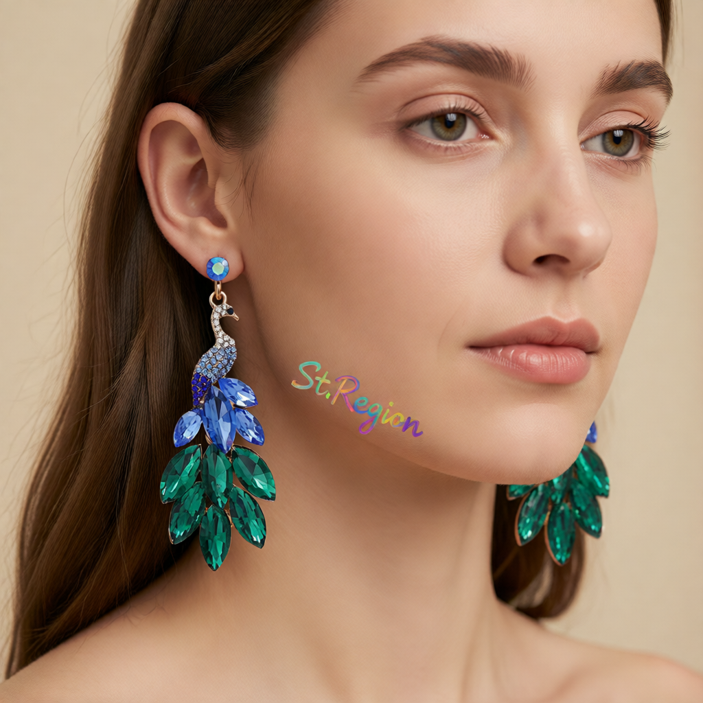 Blue & Green Crystal Cubic Zirconia Peacock Drop Earrings