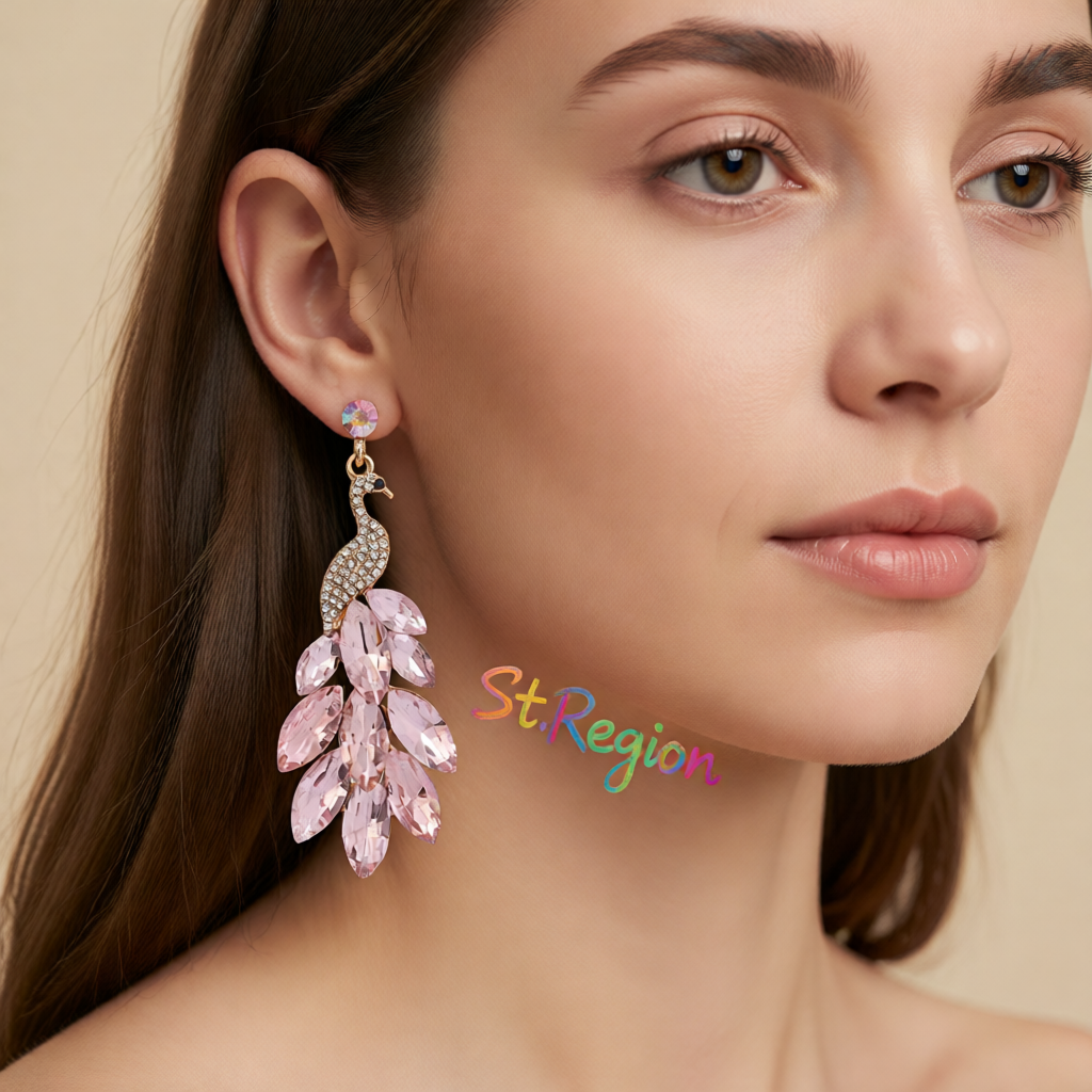 Light Pink Crystal & Cubic Zirconia Peacock Drop Earrings