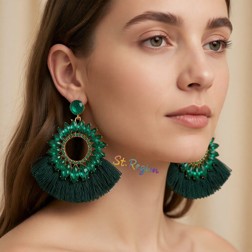 Green Polyster & Cubic Zirconia Crystal Round Tassel Drop Earrings