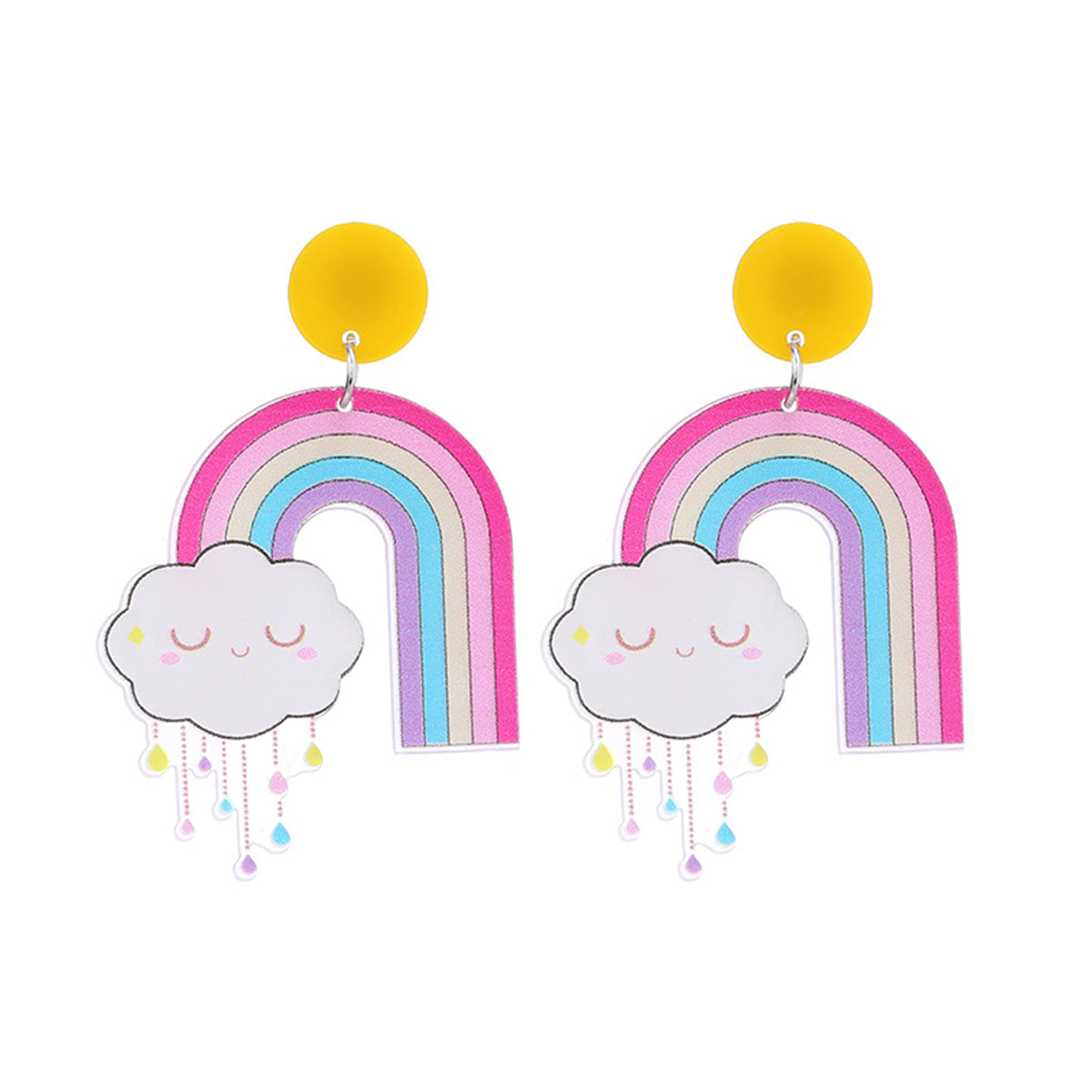 Pink Multicolor Rainbow and Cloud Drop Earrings, drop earrings for women, vintage-inspired design, lifestyle look