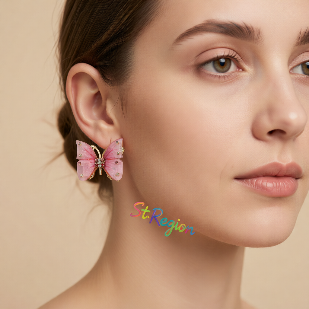 Pink Polyster & Cubic Zirconia Butterfly Stud Earrings