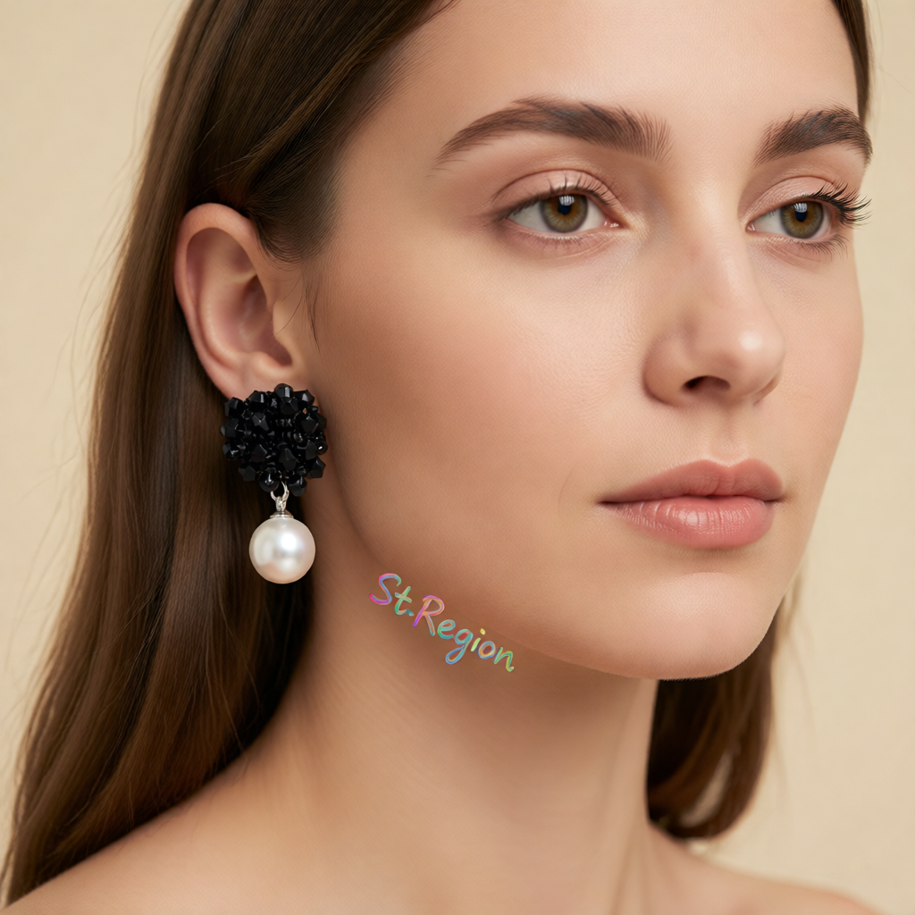 Black Acrylic & Pearl Silver-Plated Bead Cluster Drop Earrings
