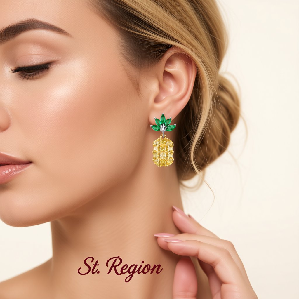 Yellow and Green Crystal Pineapple Drop Earrings, drop earrings for women, botanical inspired, styled look