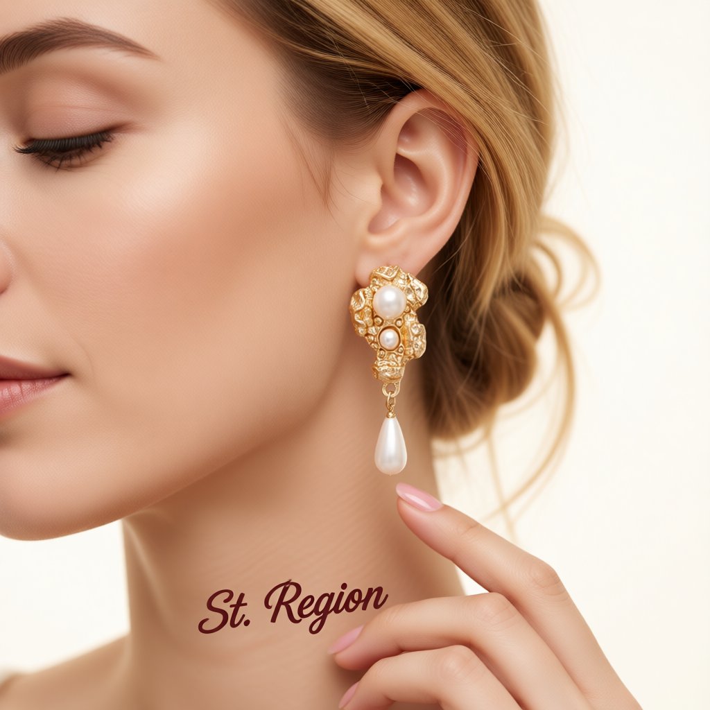 White Pearl and 18K Gold-Plated Geometric Drop Earrings, gold drop earrings for women, dainty minimalist design, styled look