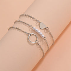 Pearl & Silver-Plated Heart Charm Bracelet Set