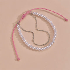 Pearl & Polyster Silver-Plated Layered Anklet