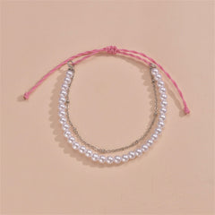 Pearl & Polyster Silver-Plated Layered Anklet