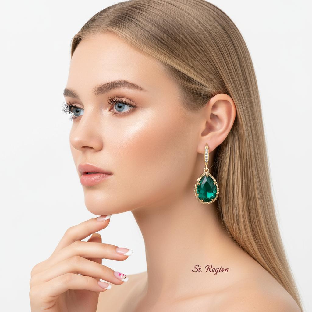 Green Crystal and Cubic Zirconia 18K Gold-Plated Hook Teardrop Earrings, gold drop earrings for women, styled look