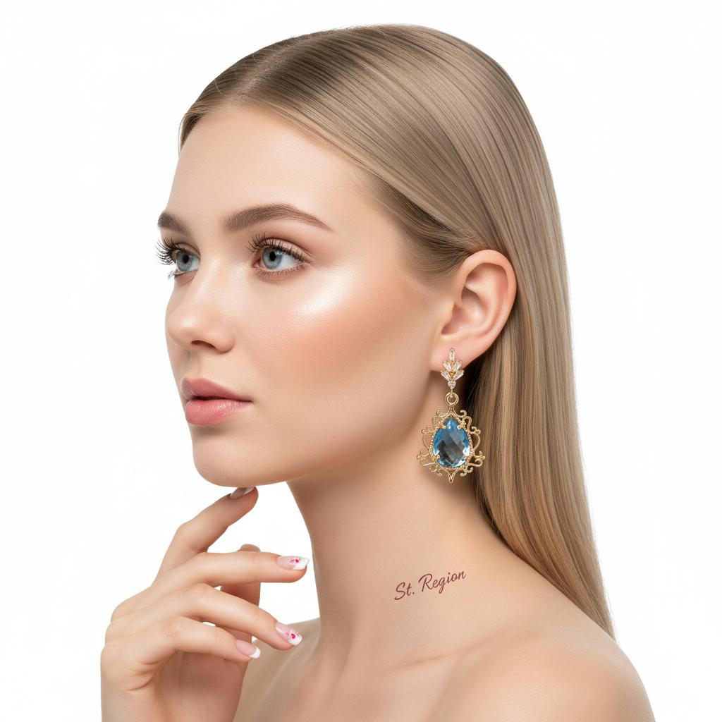 Blue Crystal and 18K Gold-Plated Scroll Drop Huggie Earrings, gold huggie earrings, botanical inspired, styled look