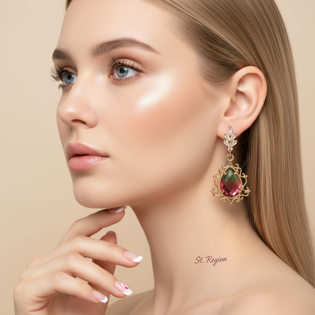 Red Crystal and 18K Gold-Plated Drop Huggie Earrings, gold huggie earrings, everyday style, styled look