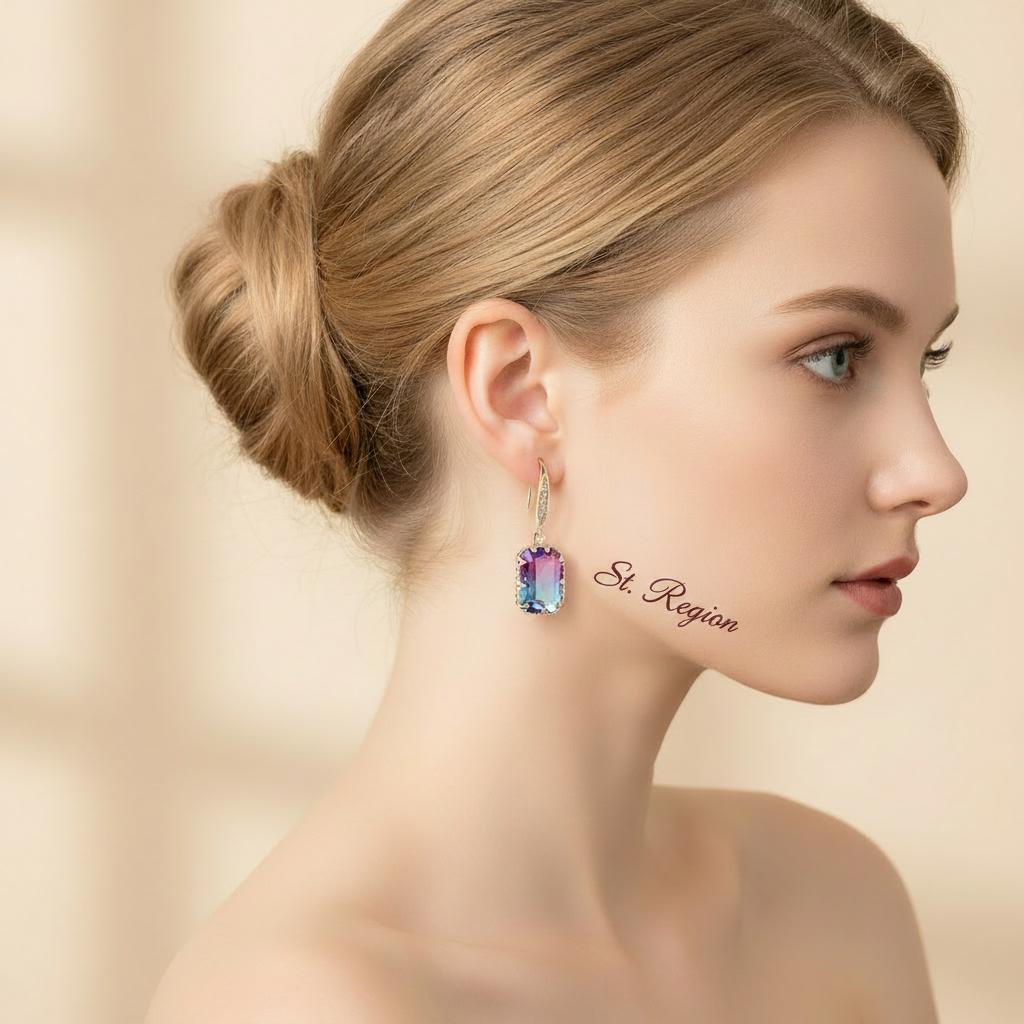 Purple Crystal and Cubic Zironcia Goldtone Rectangle Hook Earrings, gold drop earrings for women, styled look