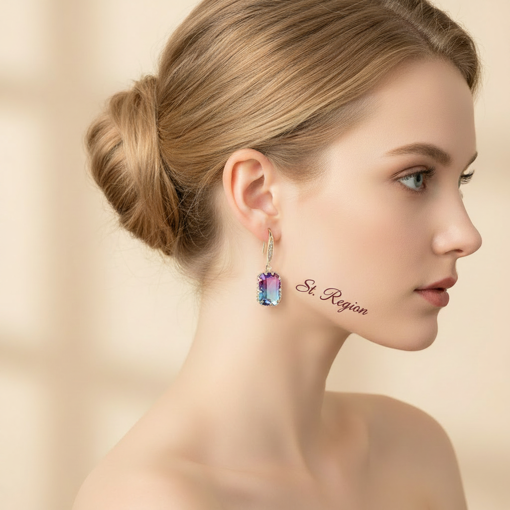 Purple Crystal & Cubic Zironcia Goldtone Rectangle Hook Earrings - Street Region