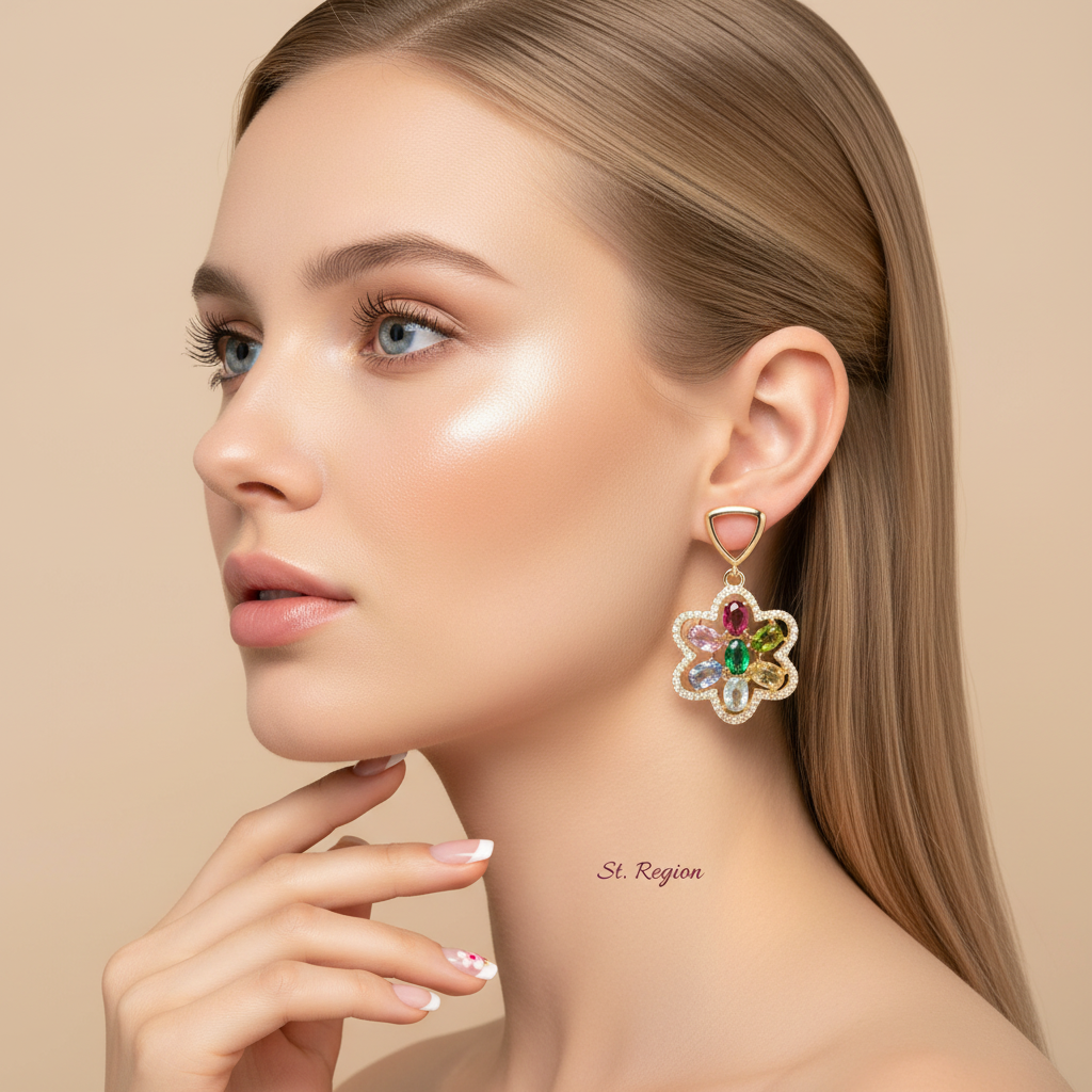 Multi-Colored Crystal & Cubic Zirconia Goldtone Flower Dangle Earrings - Street Region