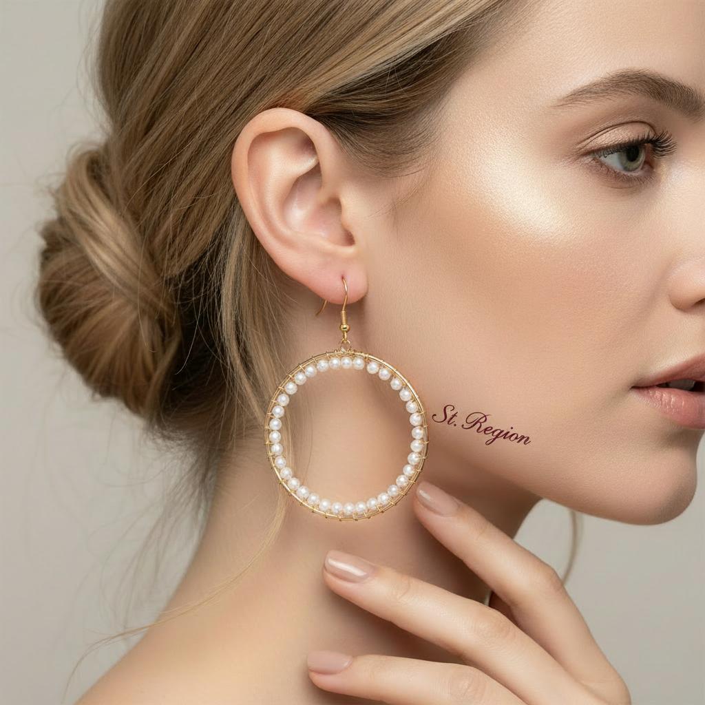 Pearl and Goldtone Beaded Hoop Hook Earrings, gold drop earrings for women, botanical inspired, styled look