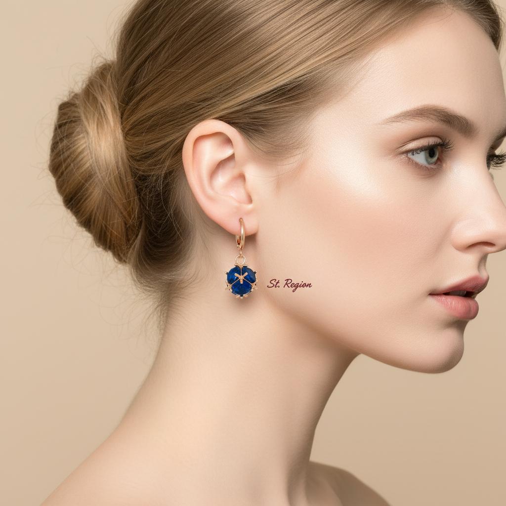 Blue Crystal and Goldtone Ball Huggie Earrings, gold huggie earrings, vintage-inspired design, styled look