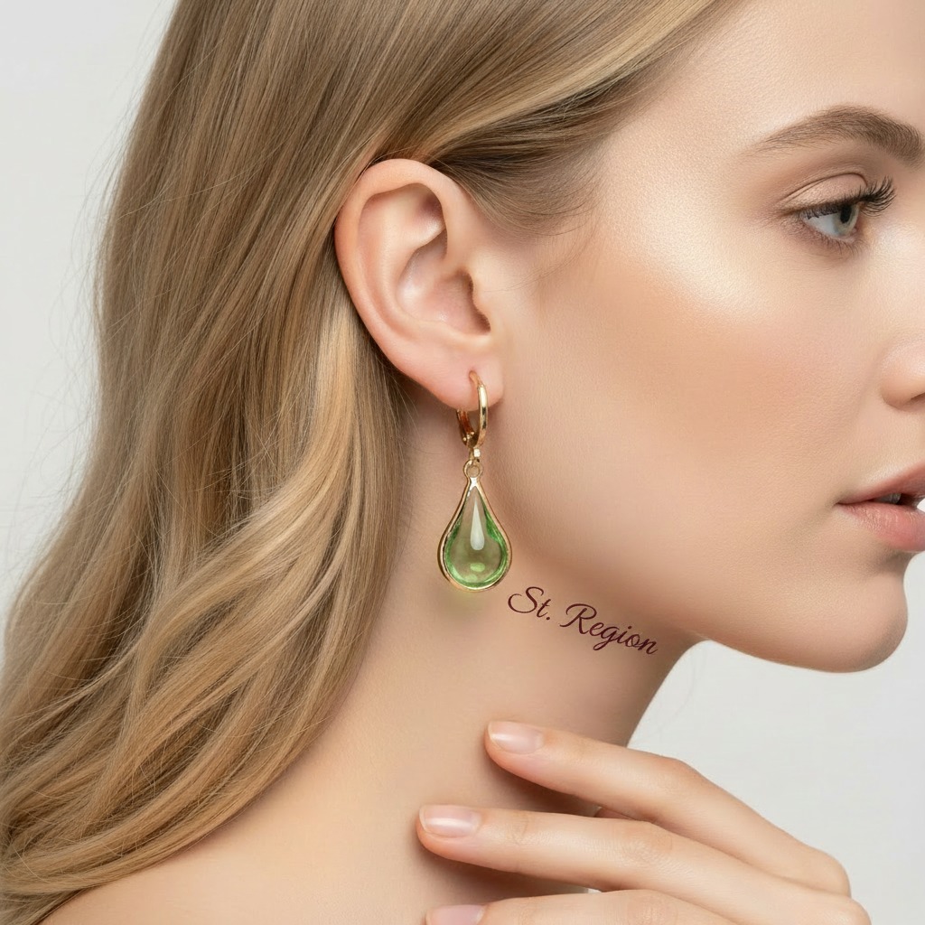 Green Glass & Goldtone Drop Shape Huggie Earrings - Street Region