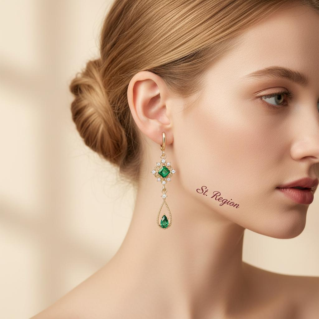 Emerald Crystal and Cubic Zirconia Goldtone Rhombus Drop Huggie Earrings, gold huggie earrings, styled look