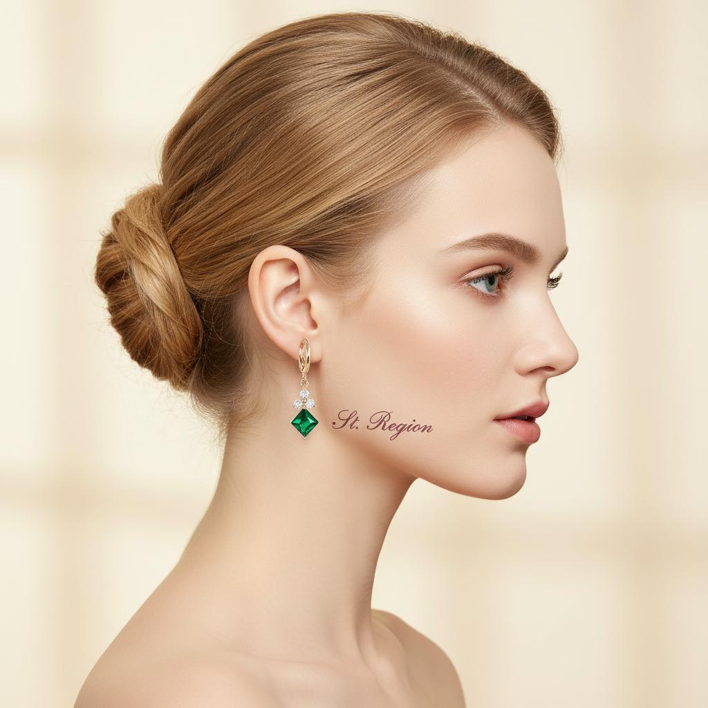 Emerald Crystal and Cubic Zirconia Goldtone Flower Rhombus Huggie Earrings, gold huggie earrings, styled look