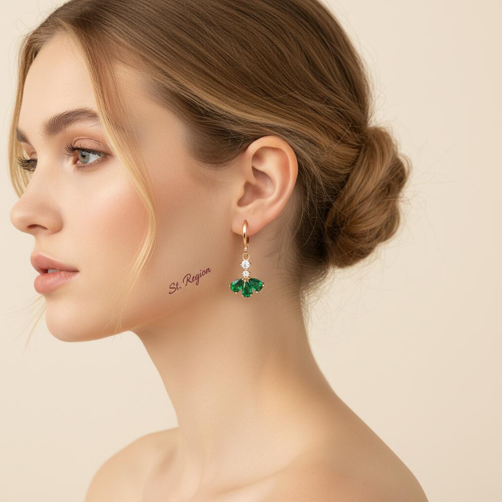 Emerald Crystal and Cubic Zirconia Goldtone Petals Huggie Earrings, gold huggie earrings, elegant gift for her, styled look