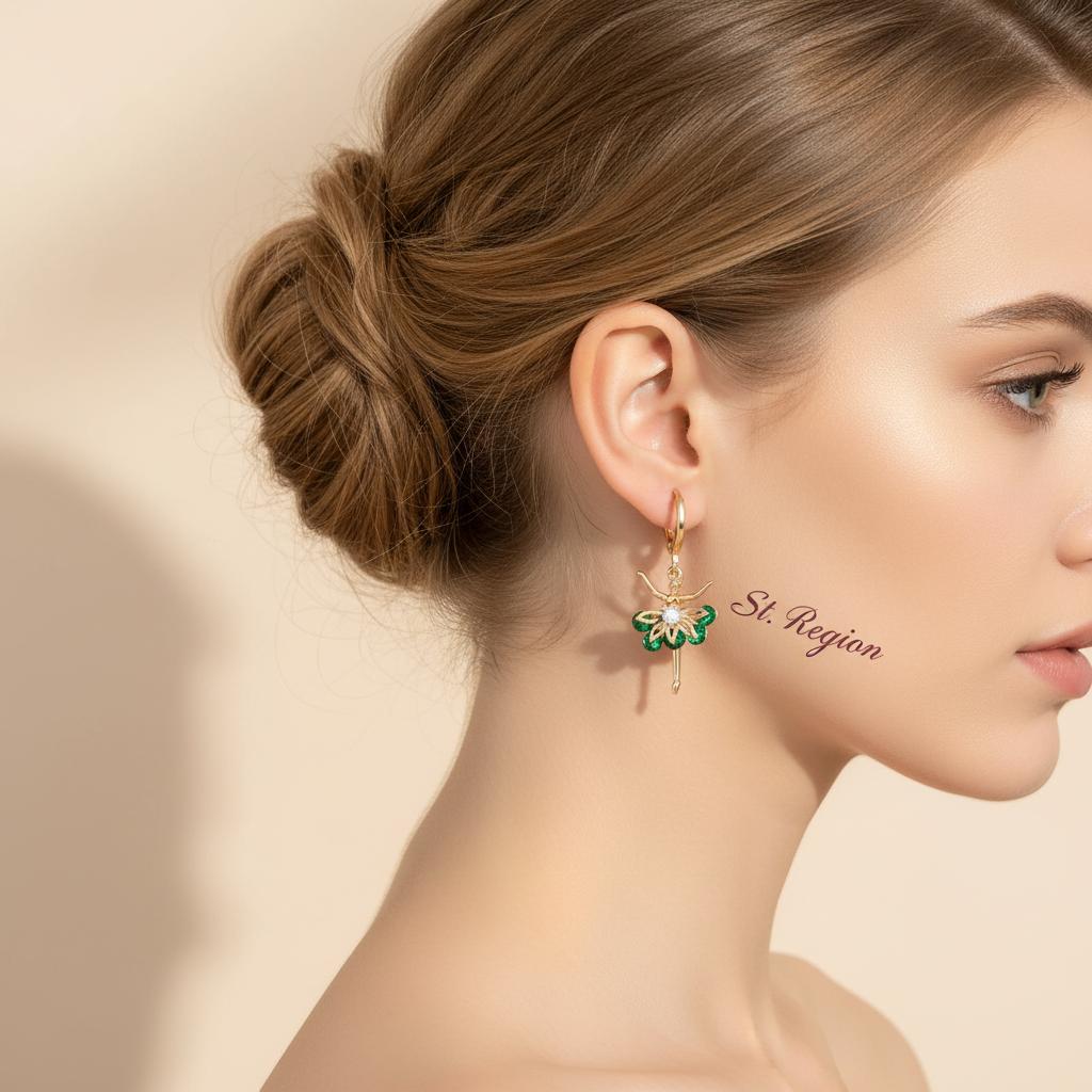 Emerald Crystal and Cubic Zirconia Goldtone Ballet Girl Huggie Earrings, gold huggie earrings, everyday style, styled look