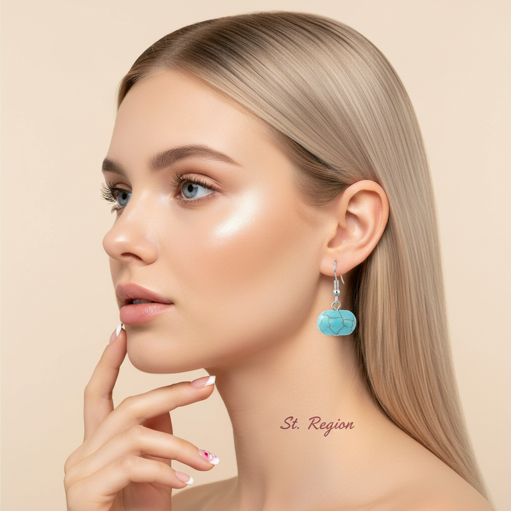 Turqouise & Silvertone Pumpkin-Shape Stone Hook Earrings - Street Region