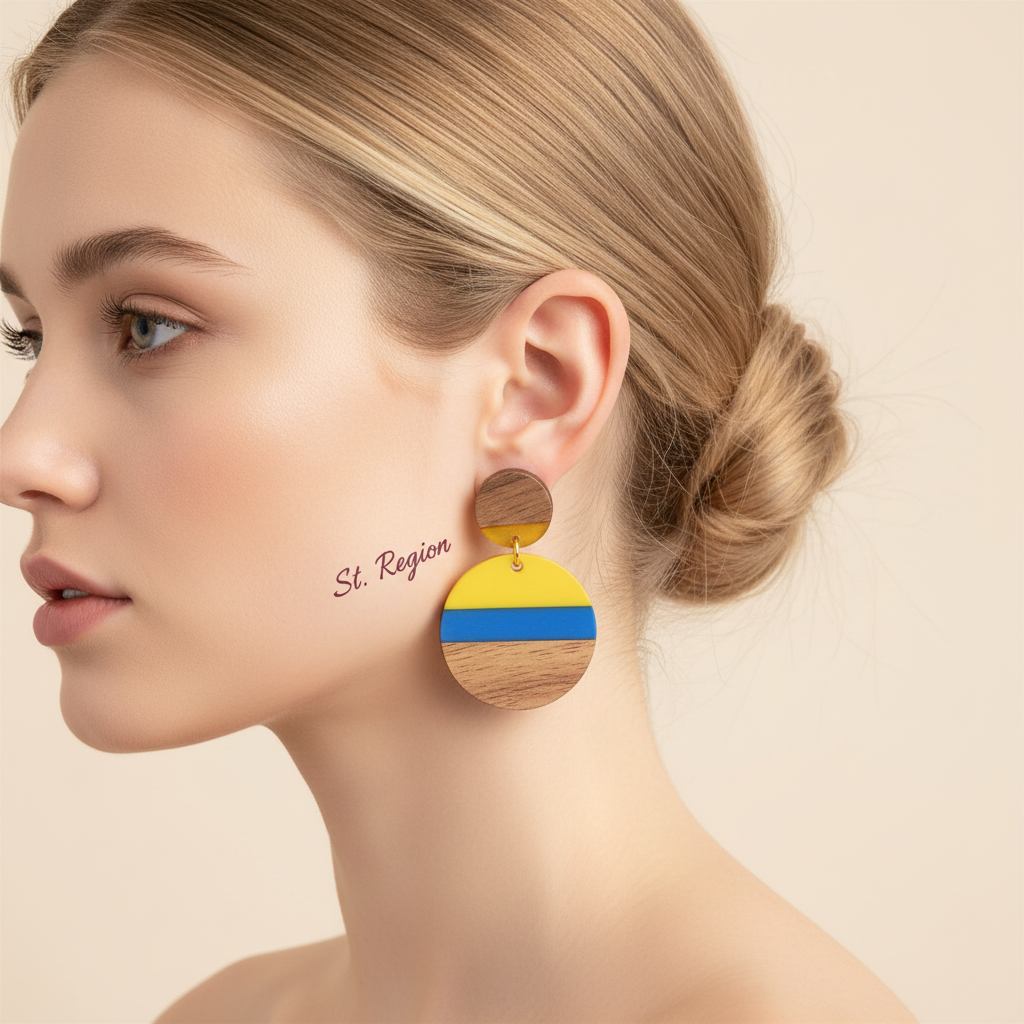 Yellow & Blue Resin Wood Goldtone Striped Circular Dangle Earrings - Street Region