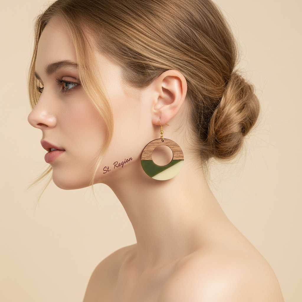 Green & White Resin Wood Goldtone Patchwork Open Circular Hook Earrings - Street Region