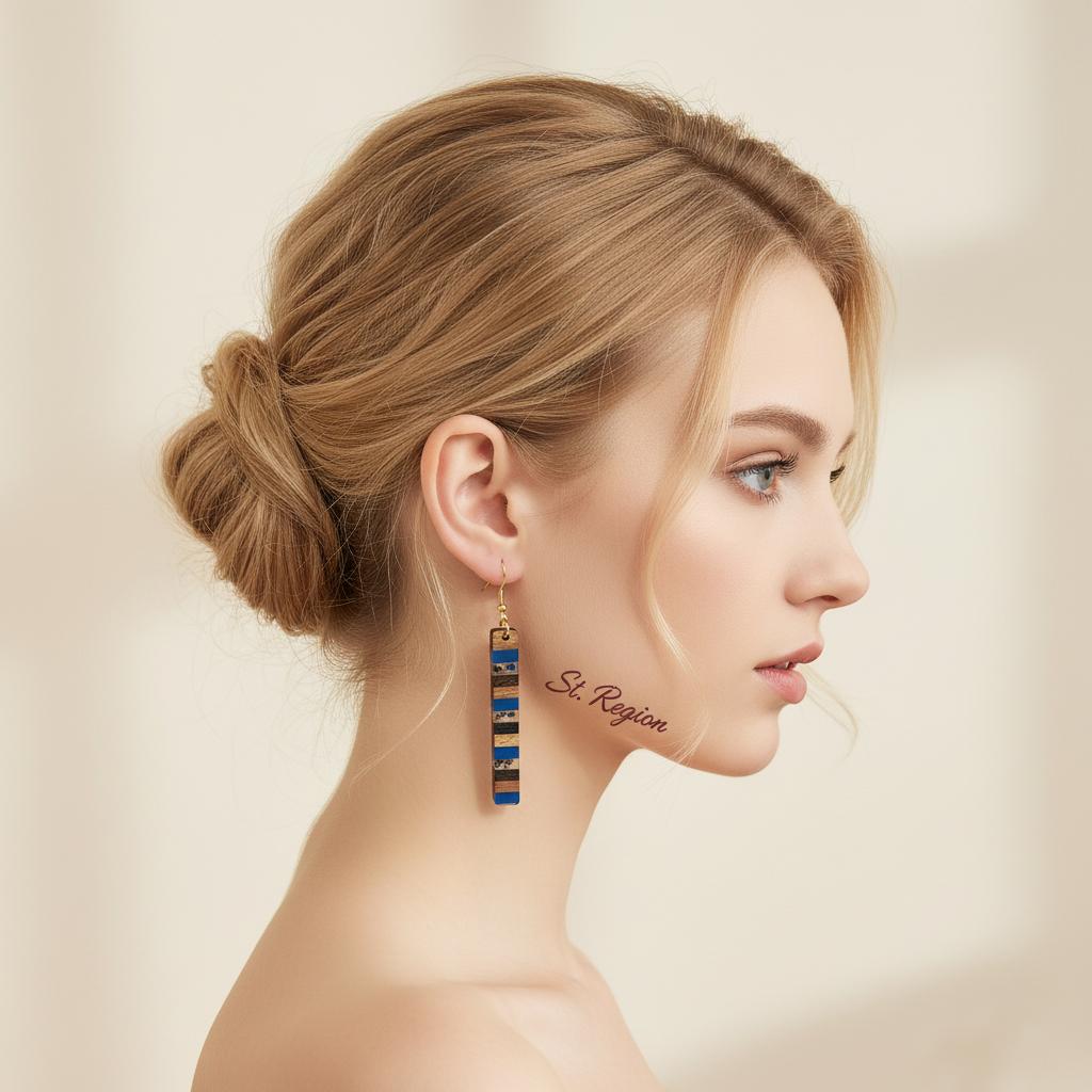 Royal Blue Resin and Wood Goldtone Striped Bar Hook Earrings, gold drop earrings for women, everyday style, styled look