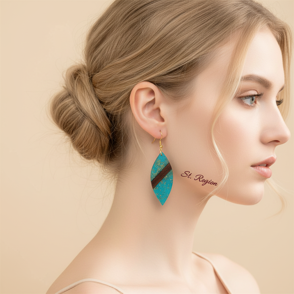 Blue Resin & Wood Goldtone Leaf Hook Earrings - Street Region