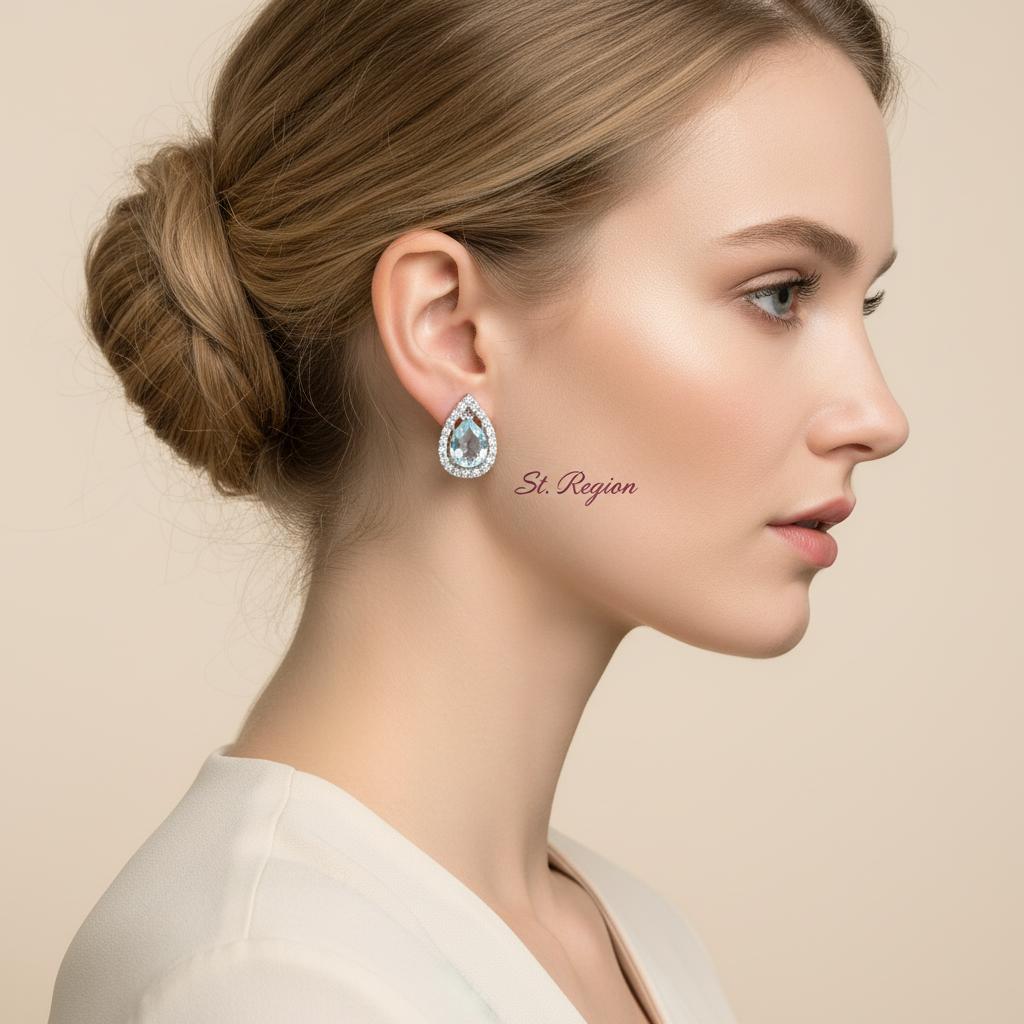 Blue Topaz and Cubic Zirconia Silvertone Hola Drop Huggie Earrings, silver huggie earrings, elegant gift for her, styled look