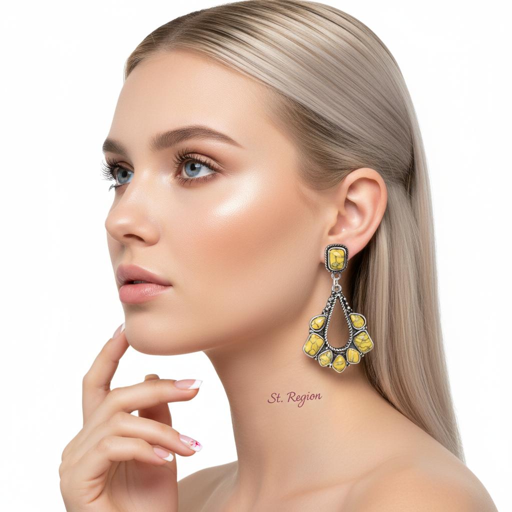 Yellow Marbled Turquoise and Silver-Plated Chandelier Drop Earrings, silver drop earrings for women, styled look