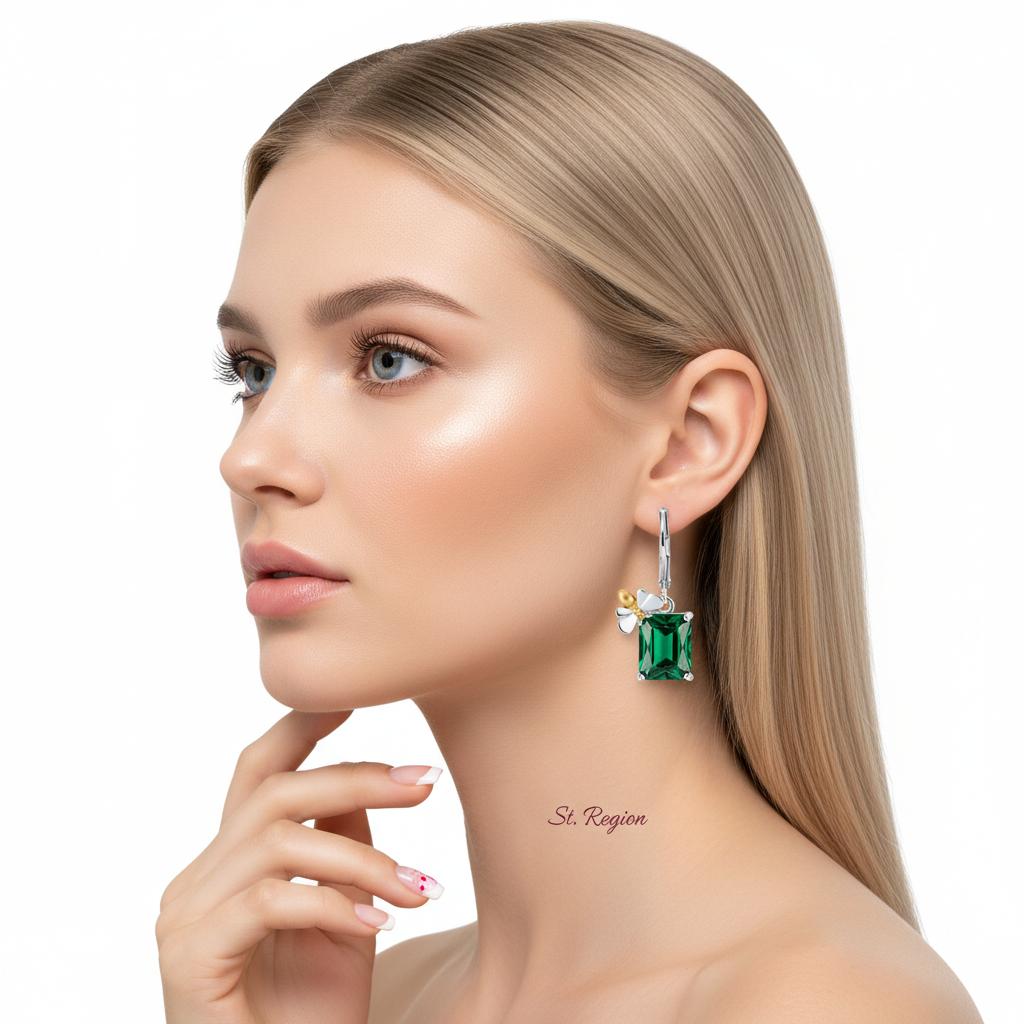Green Crystal and Two Tone Sqaure Bee Huggie Earrings, huggie earrings, botanical inspired, styled look