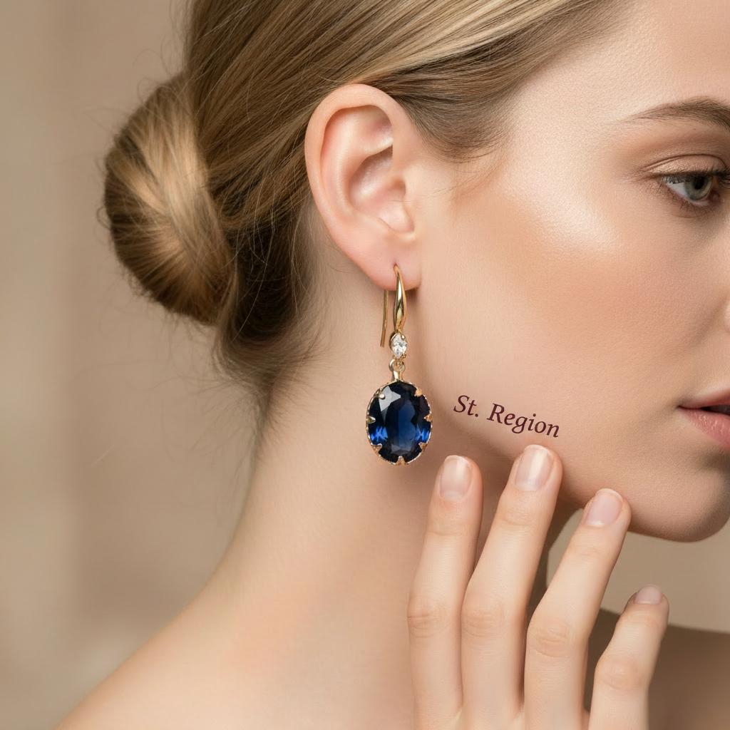 Deep Sapphire-Blue Crystal and Cubic Zirconia Goldtone Oval Hook Earrings, gold drop earrings for women, styled look