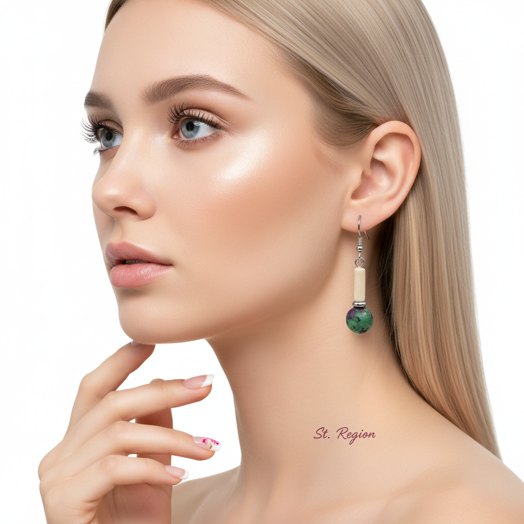 Green Jade & Silvertone Cylinder Ball Hook Earrings - Street Region