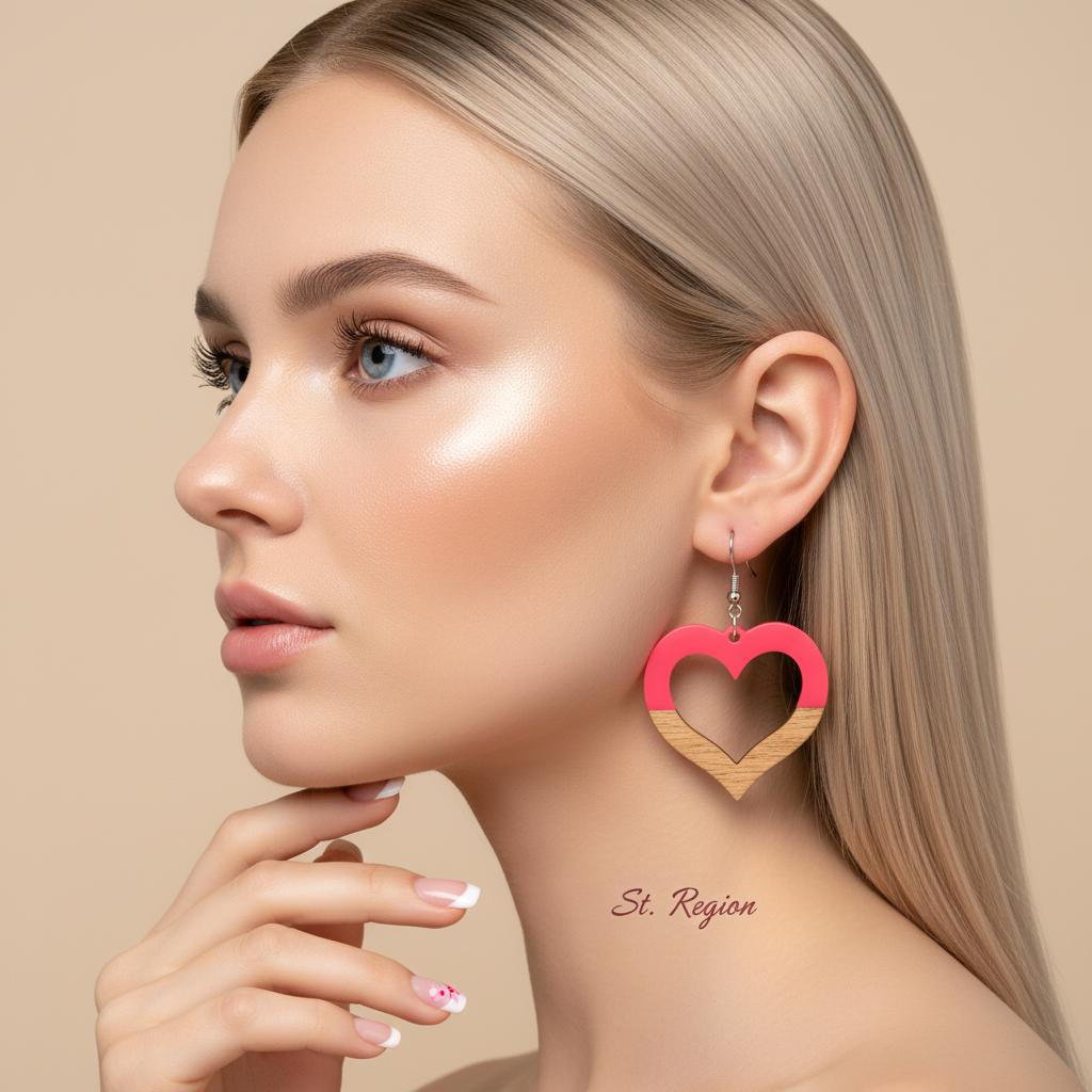 Rose Resin and Wood Silvertone Open Heart Hook Earrings, silver drop earrings for women, everyday style, styled look