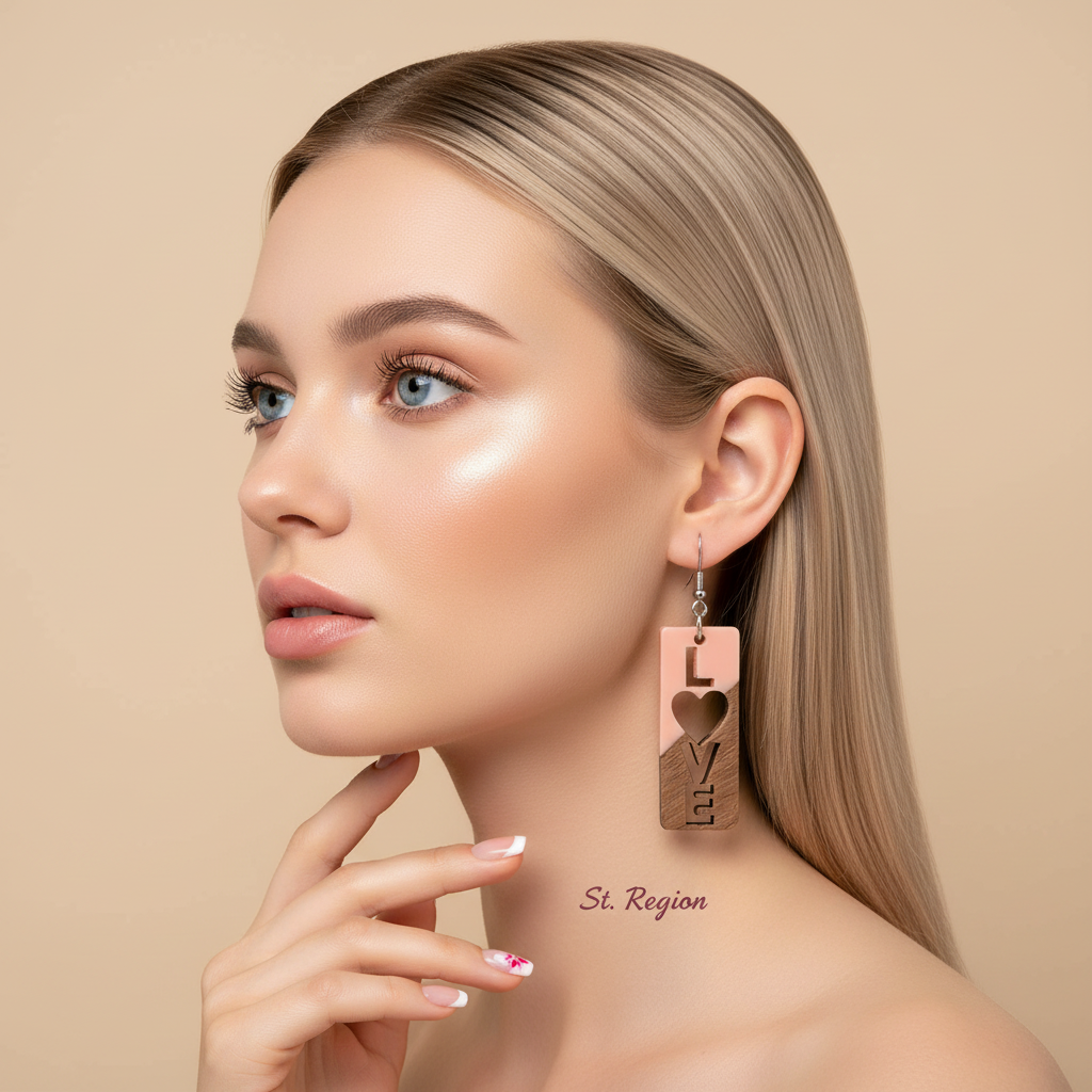 Pink Resin & Wood Silvertone 'Love' Hook Earrings - Street Region