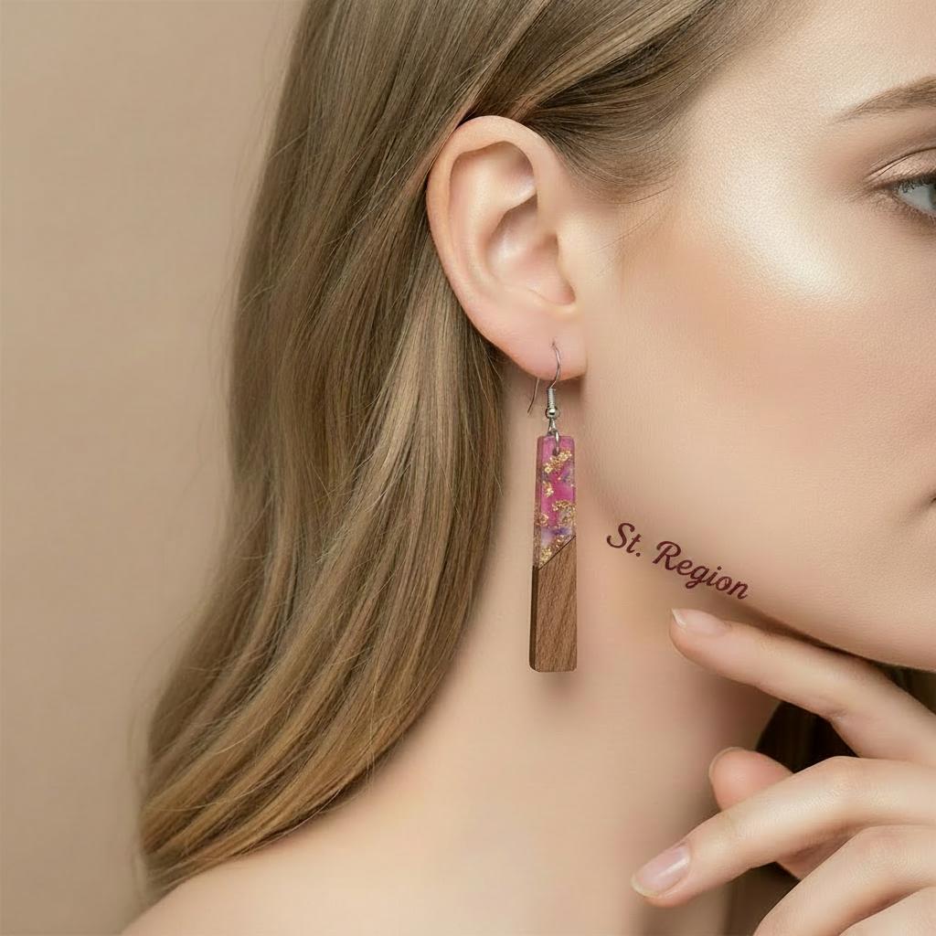 Purple Resin & Wood Silvertone Elongated Trapezoid Hook Earrings - Street Region
